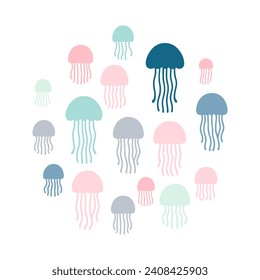 Vector drawing with multi-colored jellyfish in pastel shades placed on a white background.