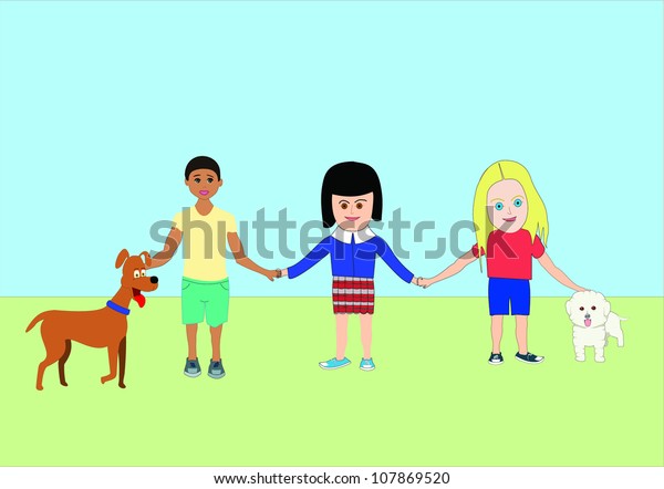 Vector Drawing Multiracial Girls Boy Standing Stock Vector