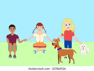 Vector drawing of multiracial girls and one boy sitting on grass with two dogs.