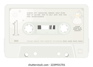 Vector drawing of music audio cassette for record player. Vintage analog tape cassette design. Retro technology.