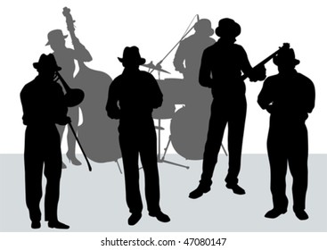 Vector drawing music jazz orchestra. Artists on stage