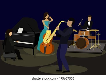 Vector drawing music jazz orchestra. Artists on stage.