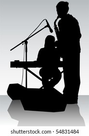 Vector drawing music jazz orchestra. Artists on stage
