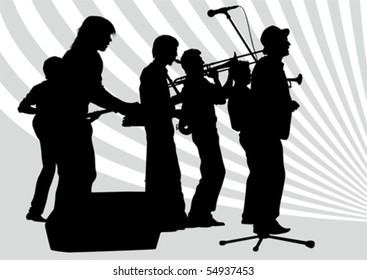 Vector drawing music jazz orchestra. Artists on stage