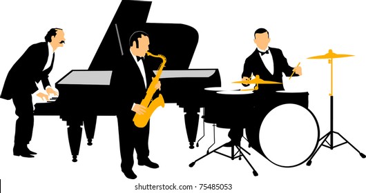 Vector drawing music jazz orchestra. Artists on stage;