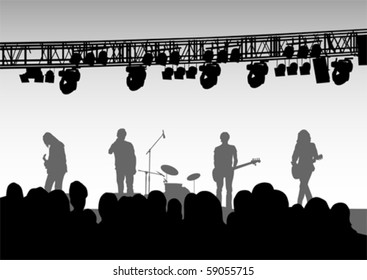 Vector drawing musical group in concert on stage