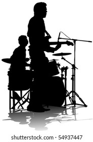 Vector drawing musical group on stage. Silhouettes on white background