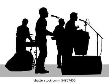 Vector drawing musical group on stage. Silhouettes on white background