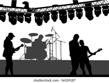 Vector drawing musical group on stage. Silhouettes on white background