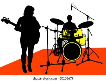 Vector drawing musical group on stage. Silhouettes on white background