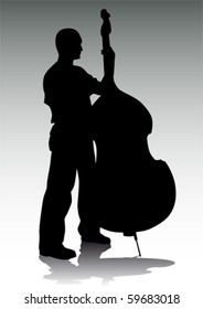 Vector drawing musician with bass . Silhouetted against rays of light