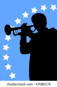 Vector drawing musicians from chimney. Silhouette against a blue background