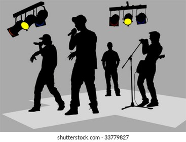 Vector drawing of musicians on stage. Black silhouettes