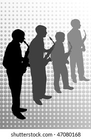 Vector drawing of musicians with a saxophone. Silhouettes on an abstract background