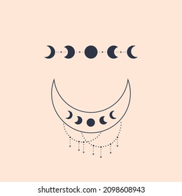 Vector drawing of mystic crescent and moon phases. Use for fabric print, astrology logo. Tribal style art. Ethnic  design. Esoteric celestial boho elements.
