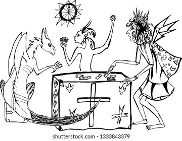 Vector drawing of mythical creatures playing cards