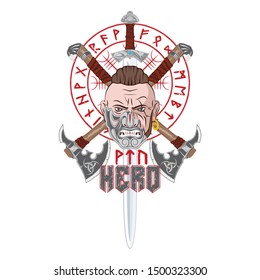 Vector drawing mythical Scandinavian hero. Viking head. Ancient Norman sacred symbol. Triskelion. Triskele.  Galdrastaﬁr. Runic Talisman. Fantastic Celtic warrior. Illustrations for t shirt print.