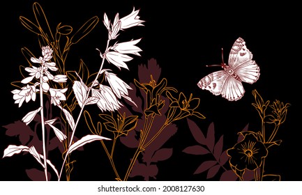 vector drawing natural background with bell flowers and butterfly at night, hand drawn illustration for cover design or print