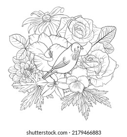 vector drawing natural background with bird and flowers, black and white coloring page, hand drawn illustration