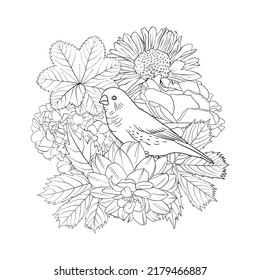 dibujo vectorial fondo natural con aves y flores, página de color negro y blanco, ilustración dibujada a mano