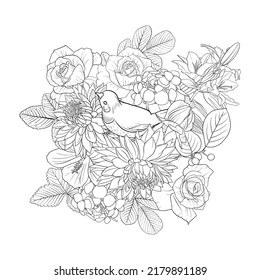 vector drawing natural background with bird and flowers, black and white coloring page, hand drawn illustration