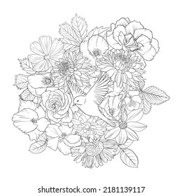 vector drawing natural background with bird and flowers, black and white coloring page, hand drawn illustration