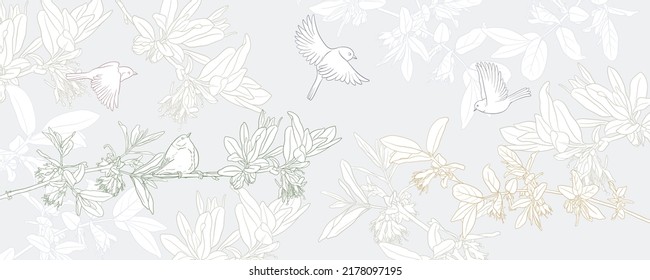 dibujo vectorial fondo natural con aves y ramificación de nuez de abeja florida, ilustración dibujada a mano para diseño de cubierta o impresión