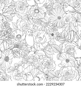vector drawing natural background with birds and flowers, black and white seamless pattern, hand drawn illustration