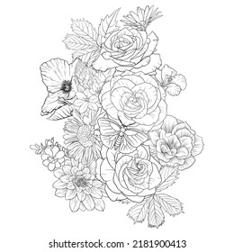 vector drawing natural background with butterfly and flowers, black and white coloring page, hand drawn illustration