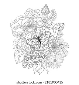 vector drawing natural background with butterfly and flowers, black and white coloring page, hand drawn illustration