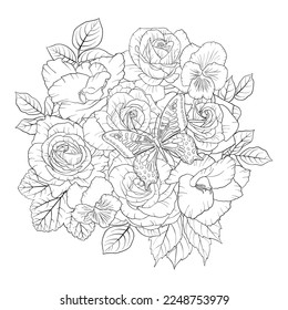 Vektorgrafik, Naturhintergrund mit Schmetterling und Blumen, Schwarz-Weiß-Färberseite, handgezeichnet