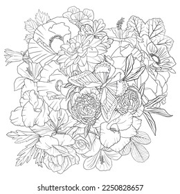 vector drawing natural background with butterfly and flowers, black and white coloring page, hand drawn illustration