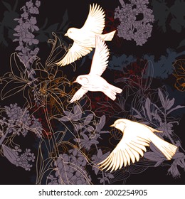 vector drawing natural background with flowers and flying birds, hand drawn illustration for cover design or print