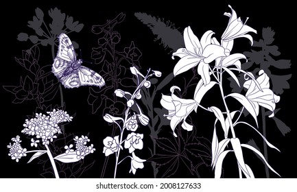 vector drawing natural background with flowers and butterfly at night, hand drawn illustration for cover design or print
