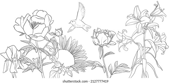 vector drawing natural background with flowers and flying bird, hand drawn illustration for cover design or print