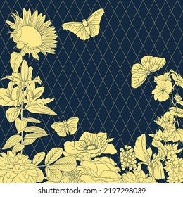 vector drawing natural background with flowers and butterfly, floral cover design,, hand drawn illustration