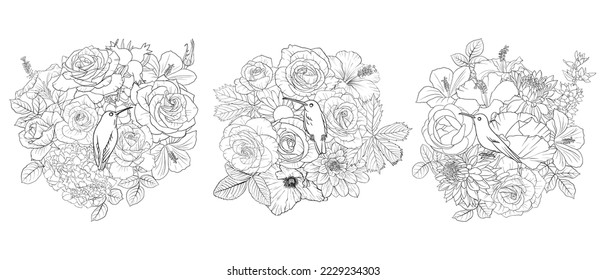 vector drawing natural background with hummingbird and flowers, black and white coloring page, hand drawn illustration