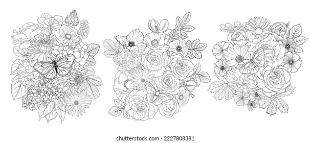 vector drawing natural compositions with butterflies and flowers, black and white coloring page, hand drawn illustration