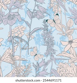 vector drawing natural seamless pattern with wild flowers and butterflies, flowering garden, hand drawn illustration