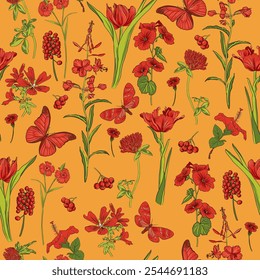 vector drawing natural seamless pattern with wild flowers and butterflies, flowering garden, hand drawn illustration