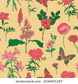vector drawing natural seamless pattern with wild flowers and butterflies, flowering garden, hand drawn illustration