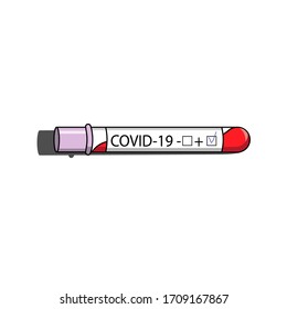 Vector drawing is naturalistic. The item is a test tube with blood and virus. The test tube is labeled "Covid-19". Design for textiles, packaging, stickers. Microbiology, chemistry website.
