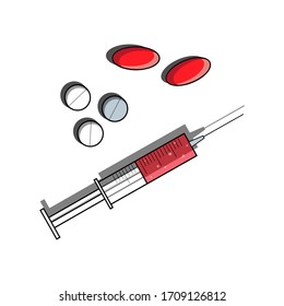 El dibujo vectorial es naturalista. Comprimidos rojos, jeringa, termómetro, tubo de ensayo. Diseño para tejidos, textiles, embalajes, pegatinas. Sitio web de medicina de salud.
