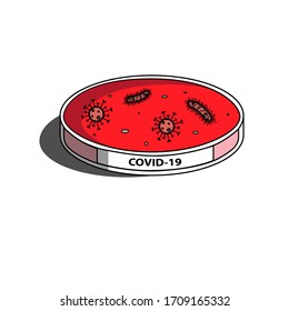 Vector drawing is naturalistic. The subject of the Petri dish of bacteria and viruses. The Petri dish is labeled "Covid-19". Design for textiles, packaging, stickers. Microbiology, chemistry website.