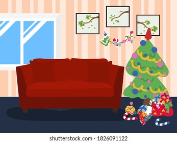 Vector drawing of New Year's interior of the room, window, sofa, decorated Christmas tree in flat design. The forest tree is decorated with toys, tinsel. New Year mood. Print, decoration of cards