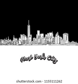 Vector drawing of New York City skyline, outline. USA travel landmark. Black and white cover and background concept.