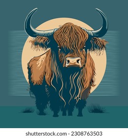 Vector drawing of a nice highland cow in caricature style