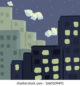 vector drawing - night city on the background of the starry sky