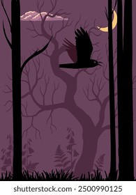 vector drawing night forest landscape with trees and plants silhouettes, moon and flying raven bird, hand drawn illustration, halloween background