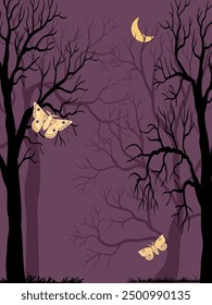 vector drawing night forest landscape with trees and plants silhouettes, moon and flying butterflies, hand drawn illustration, halloween background